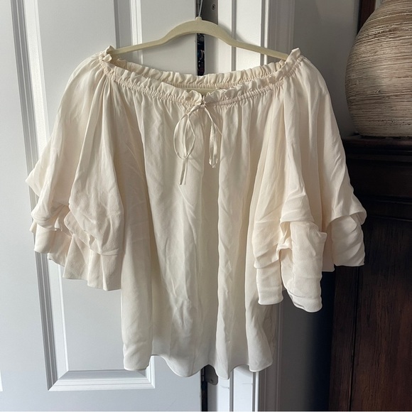 Diane Von Furstenburg Ivory Georganne Top Silk Blouse Off the Shoulder - Picture 3 of 6